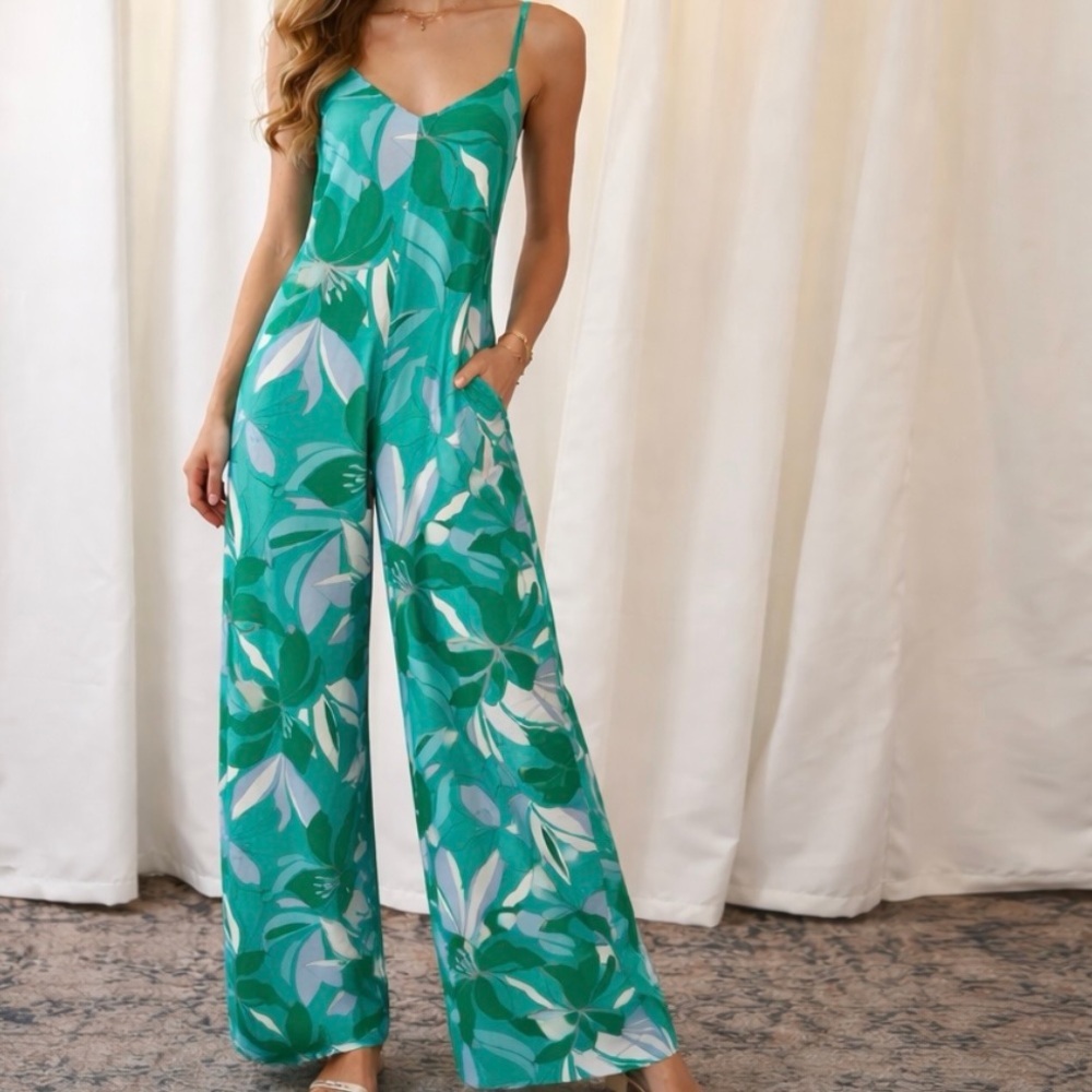Label of Love Green & Blue Tropical Floral Print Pull-On Wide Leg Jumpsuit Sz S